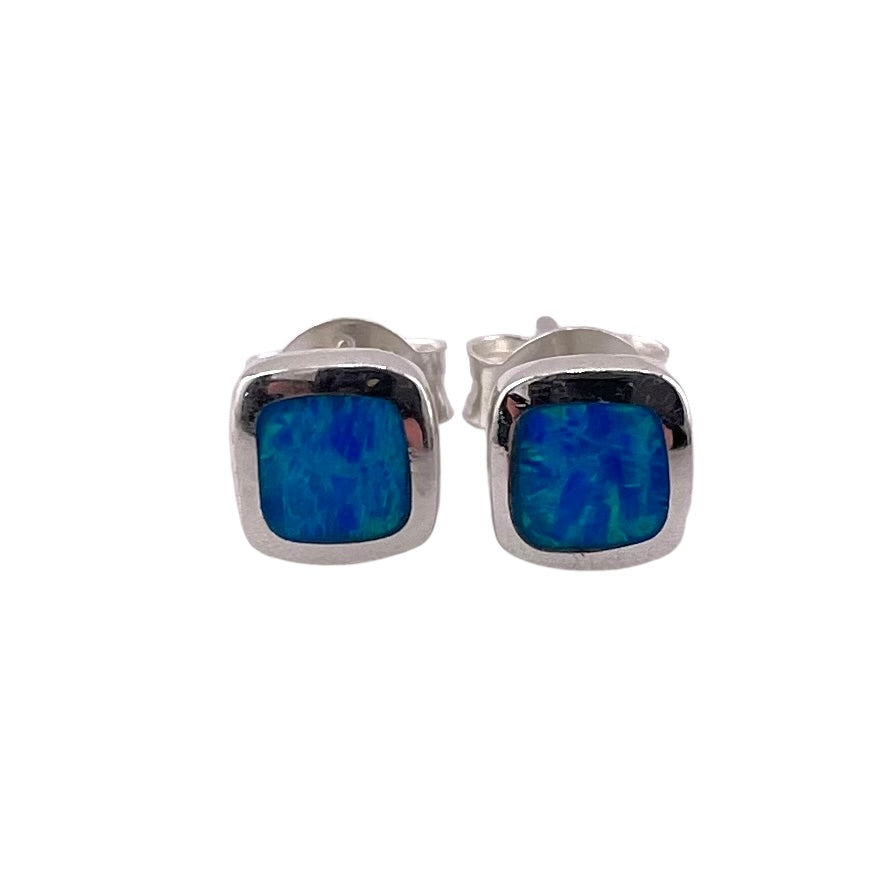 Blue Lab Opal 6mm Square Stud Earrings Sterling Silver