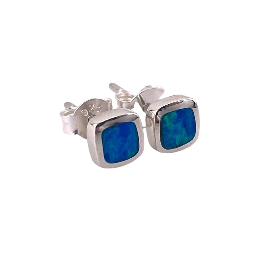 Blue Lab Opal 6mm Square Stud Earrings Sterling Silver