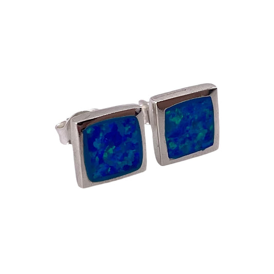 Blue Lab Opal 8mm Square Stud Earrings Sterling Silver