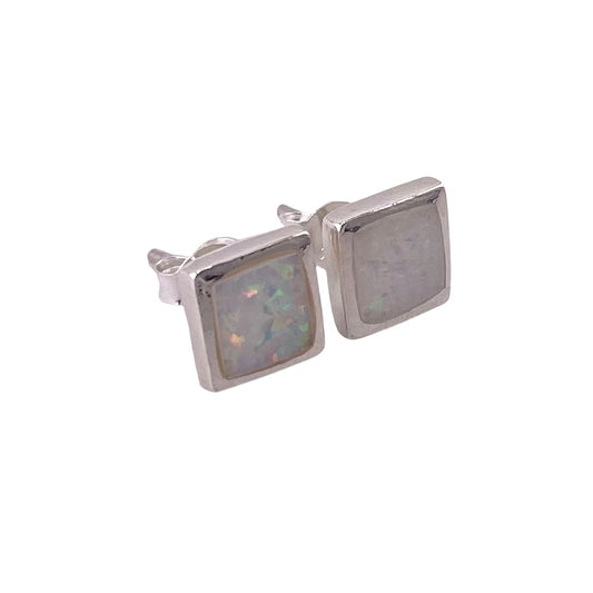 White Lab Opal 8mm Square Stud Earrings Sterling Silver