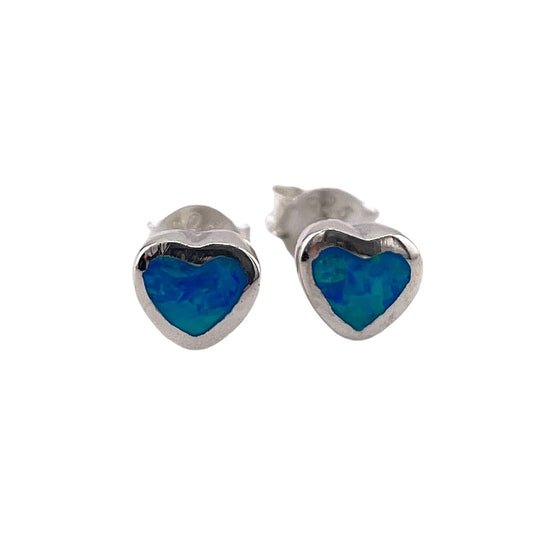 Blue Lab Opal Heart Stud Earrings Sterling Silver