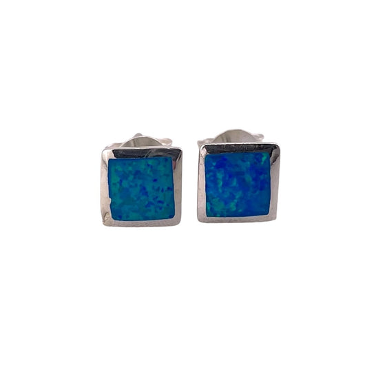 Blue Lab Opal 6mm Square Stud Earrings Sterling Silver