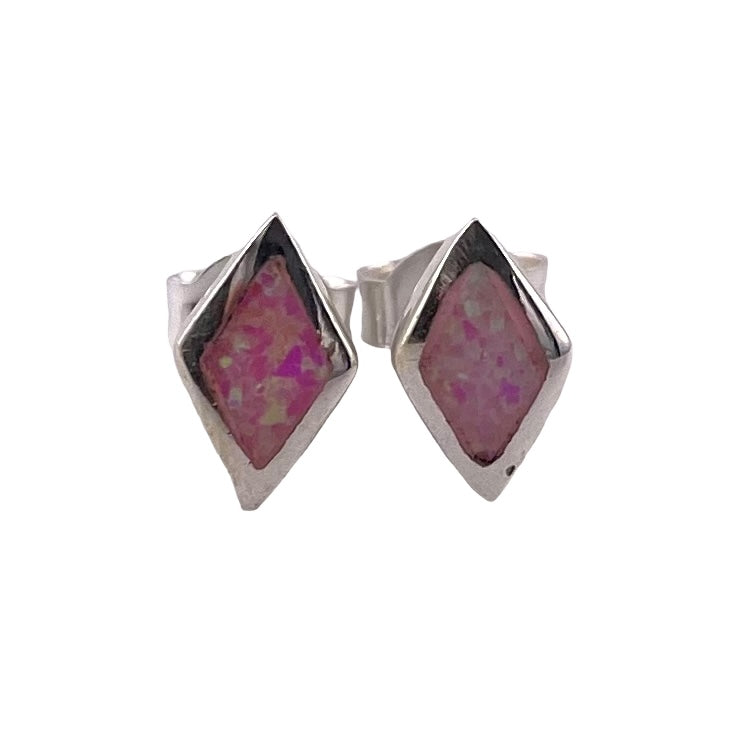 Pink Lab Opal 8mm Diamond Stud Earrings Sterling Silver