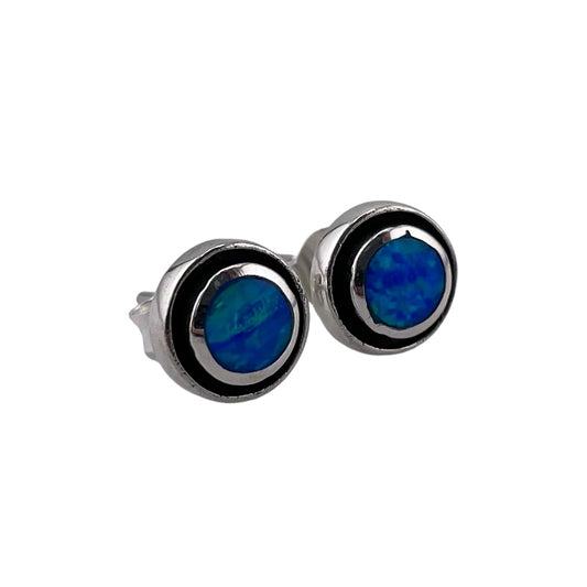 Blue Lab Opal Round Stud Earrings Sterling Silver