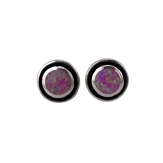 Pink Lab Opal Round Stud Earrings Sterling Silver