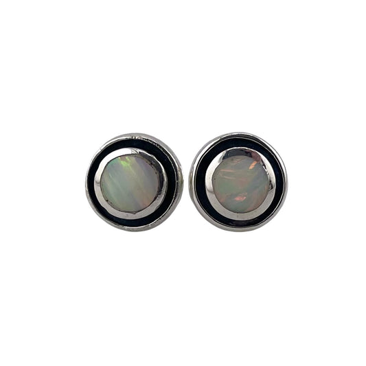 White Lab Opal Round Stud Earrings Sterling Silver