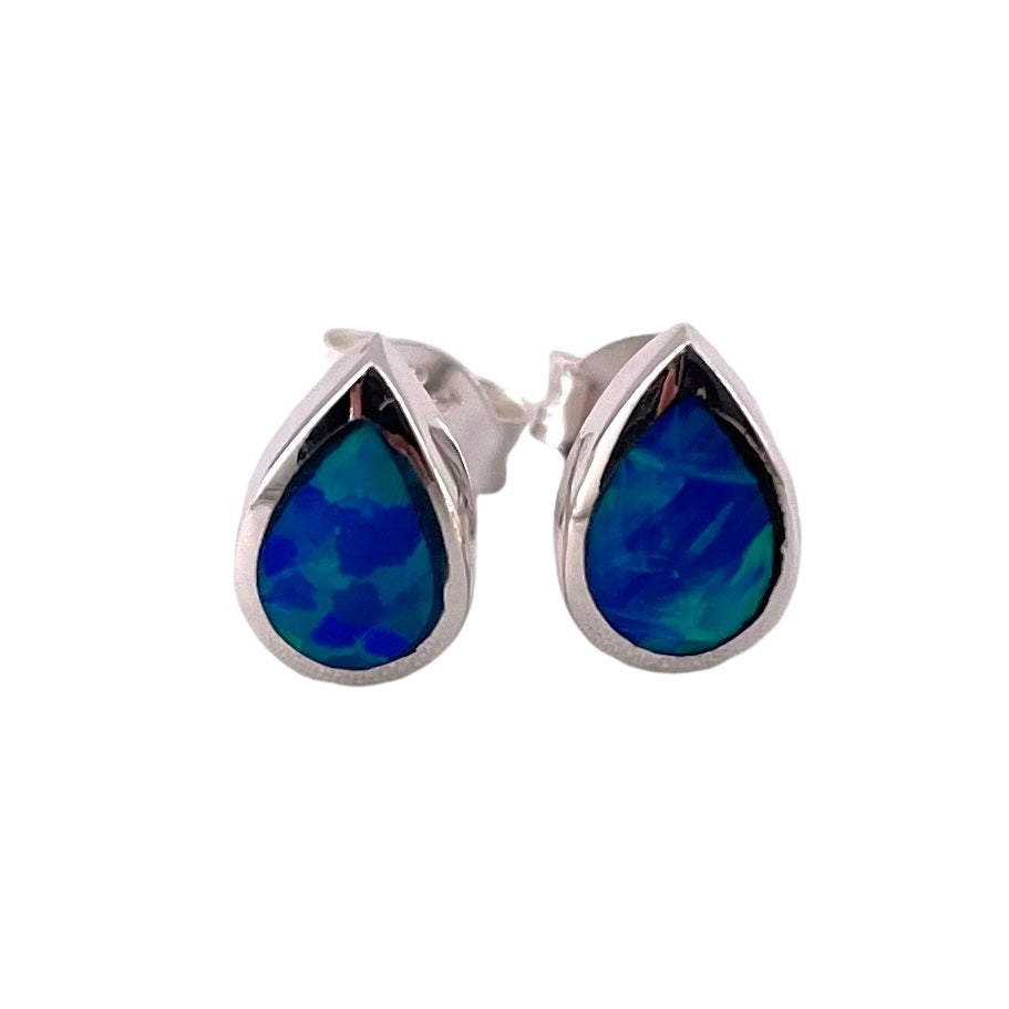 Blue Lab Opal Tear Drop Stud Earrings Sterling Silver