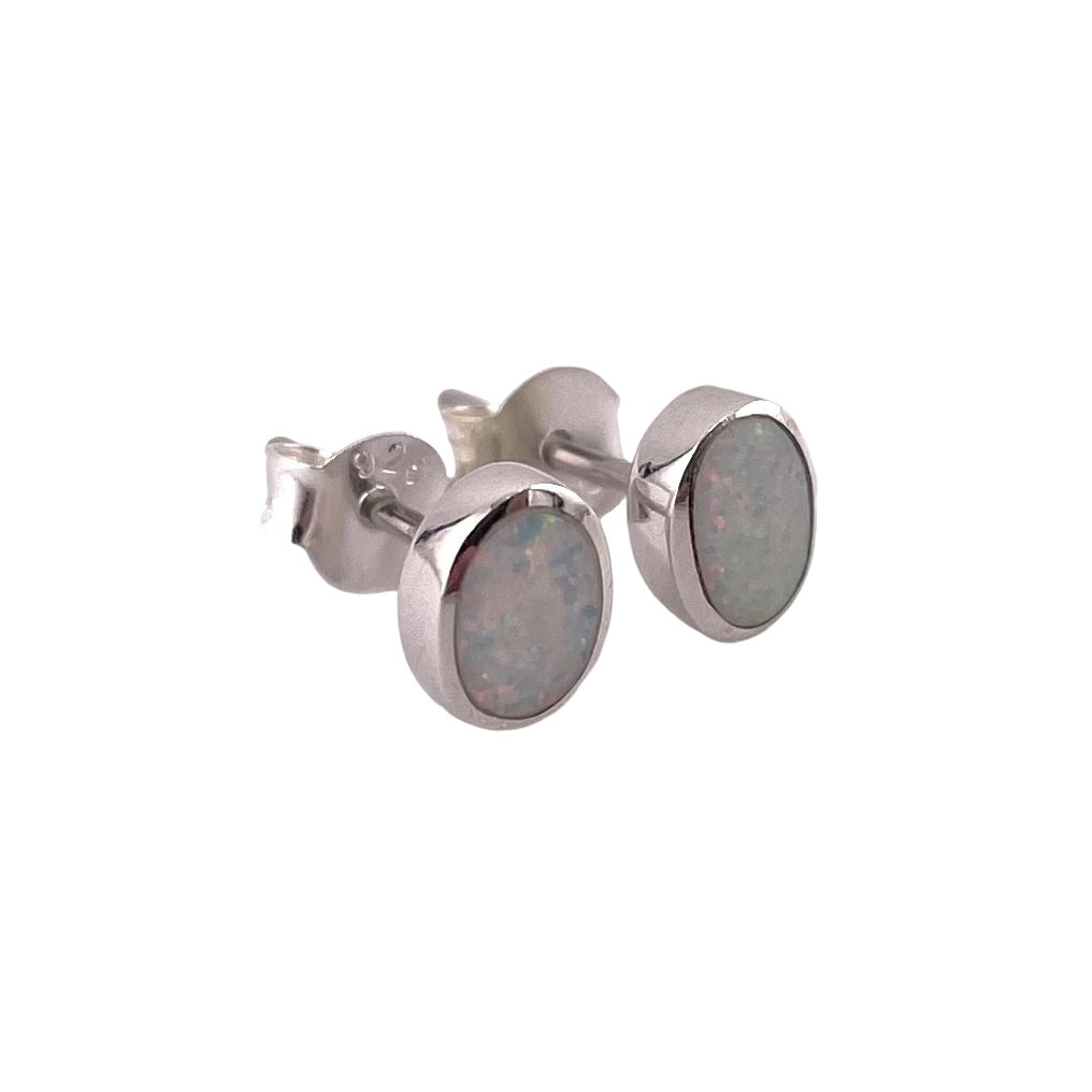 White Lab Opal 7mm Oval Stud Earrings Sterling Silver