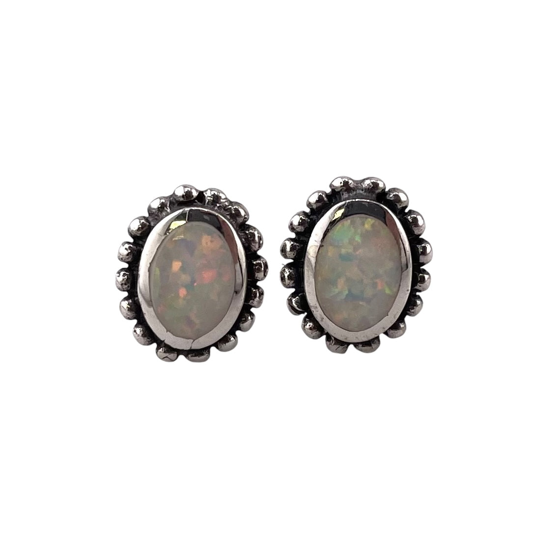 White Lab Opal Dotted Oval Stud Earrings Sterling Silver