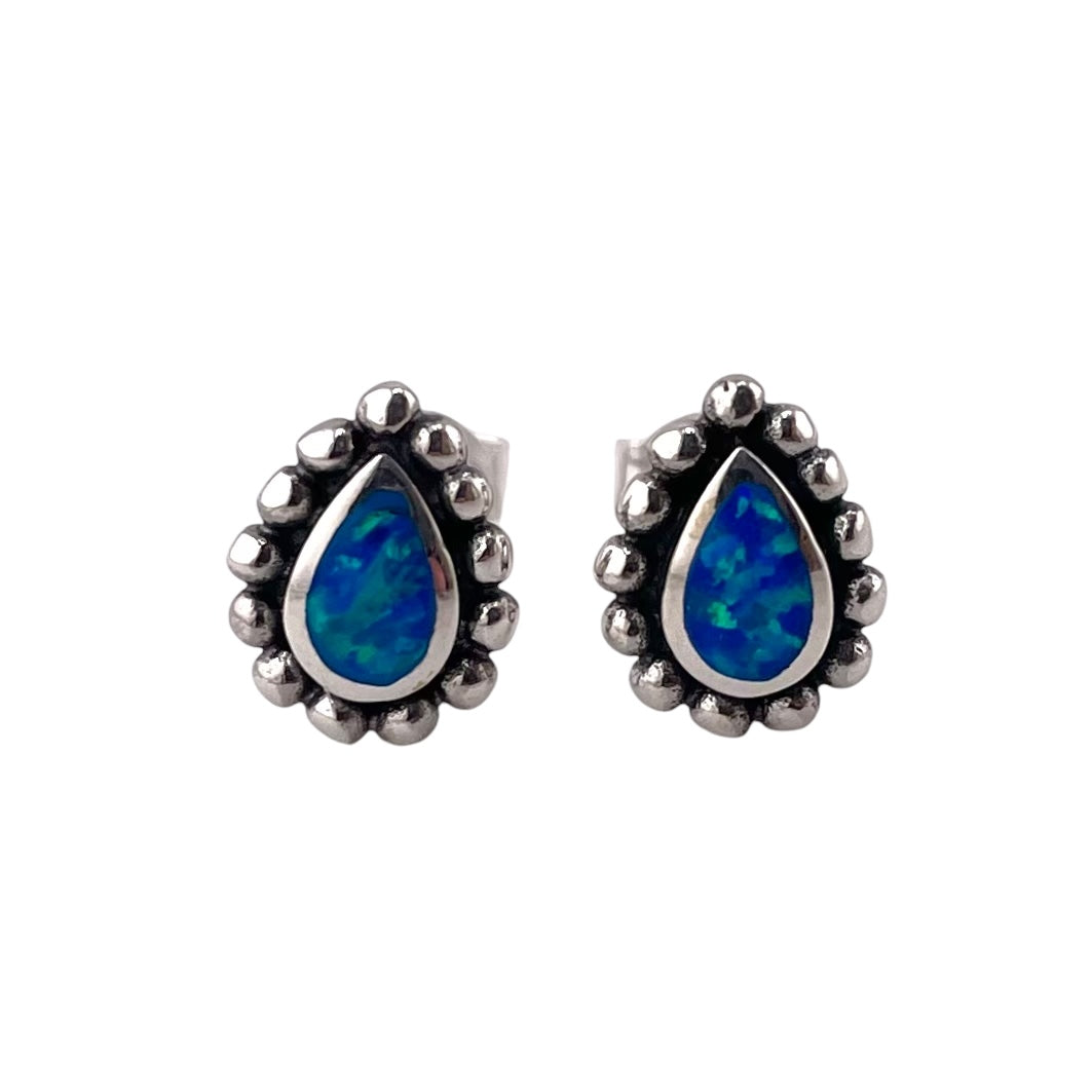 Blue Lab Opal 9mm Dotted Tear Drop Stud Earrings Sterling Silver