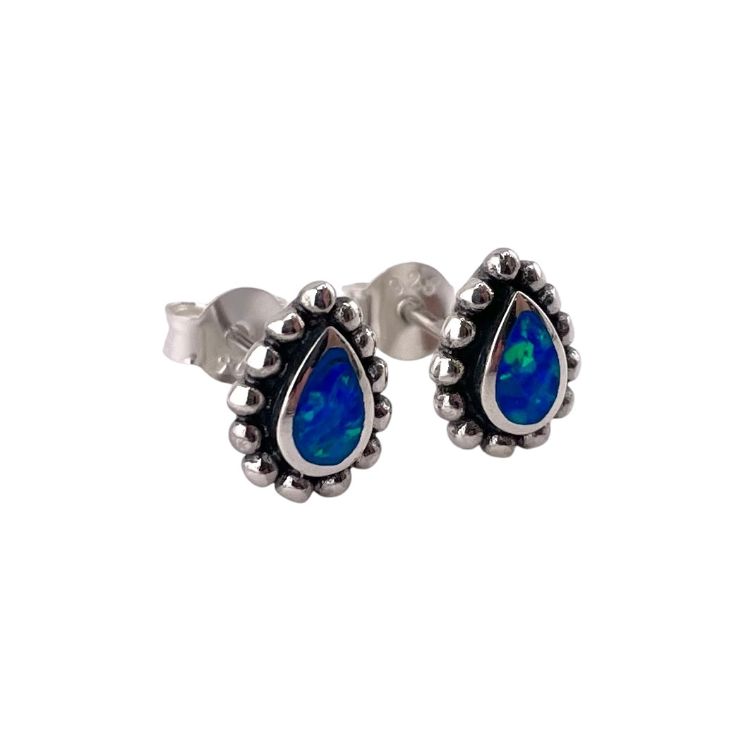 Blue Lab Opal 9mm Dotted Tear Drop Stud Earrings Sterling Silver