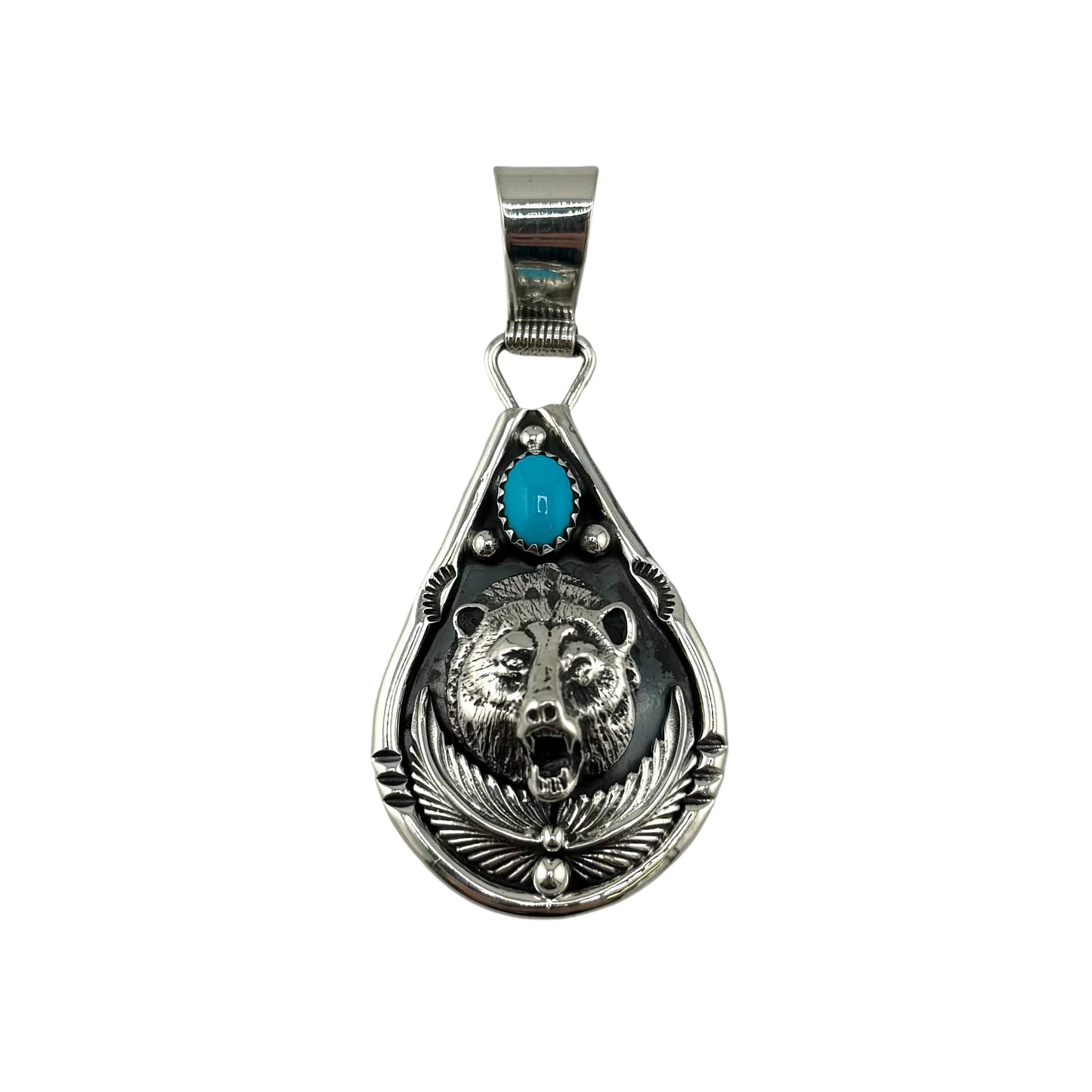 Turquoise Bear Head Navajo Pendant Sterling Silver