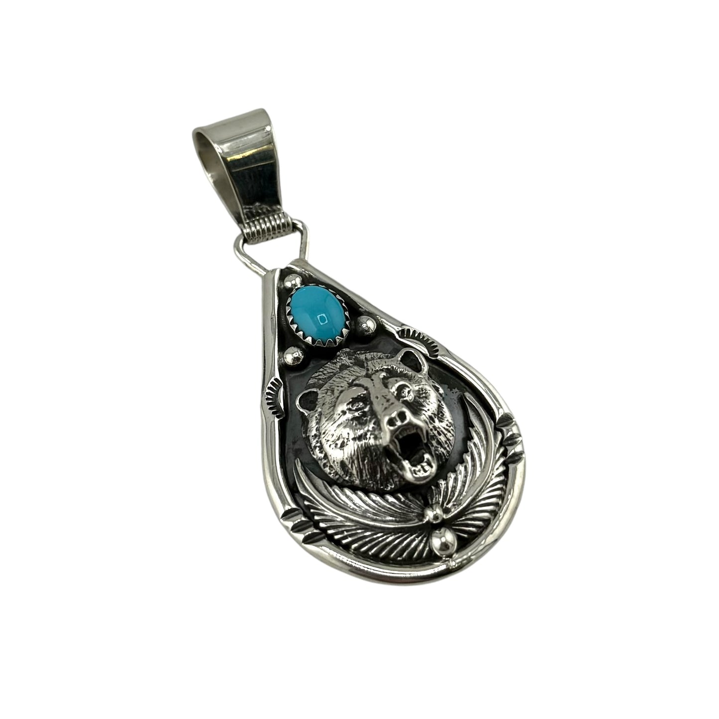 Turquoise Bear Head Navajo Pendant Sterling Silver