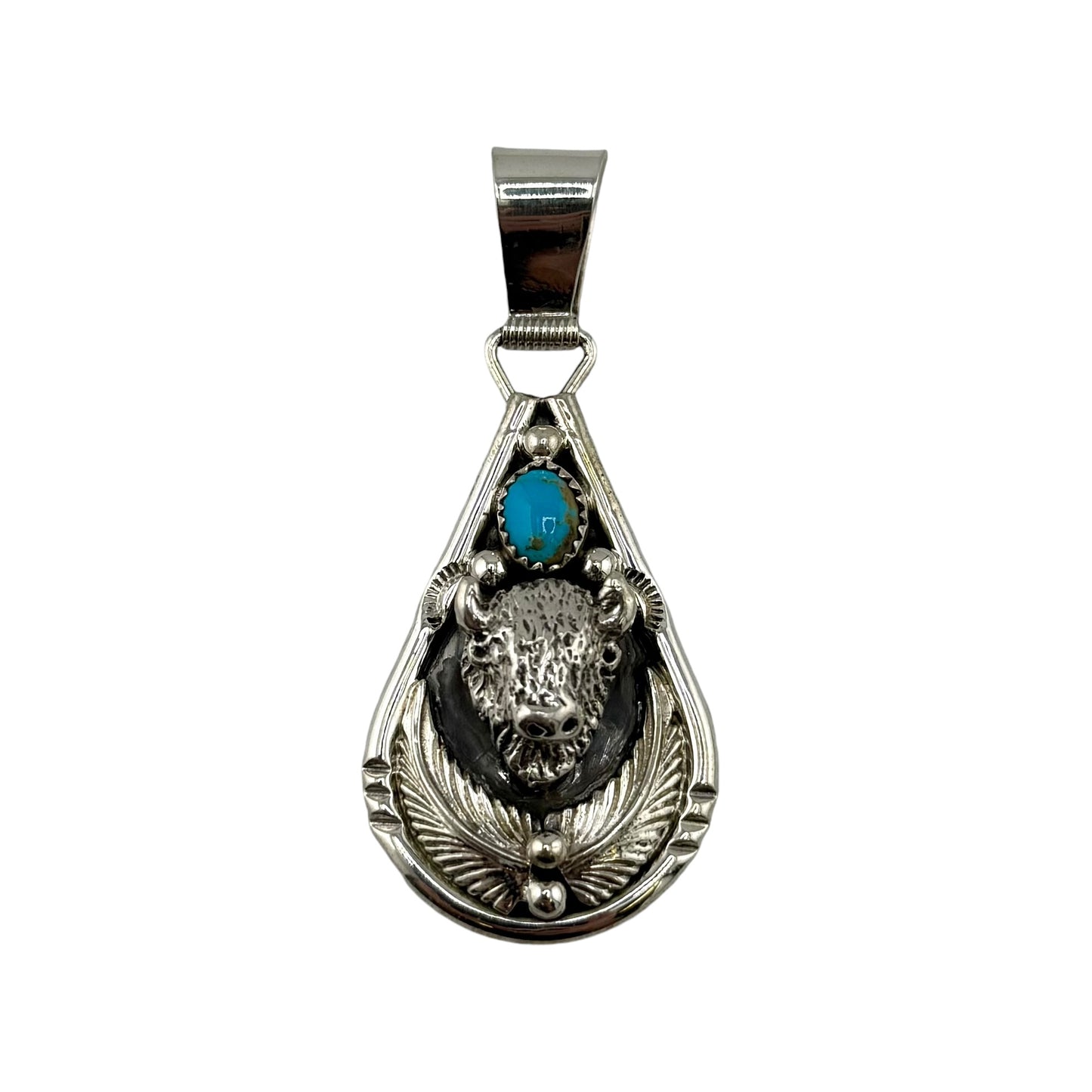 Turquoise Buffalo Feather Navajo Pendant Sterling Silver