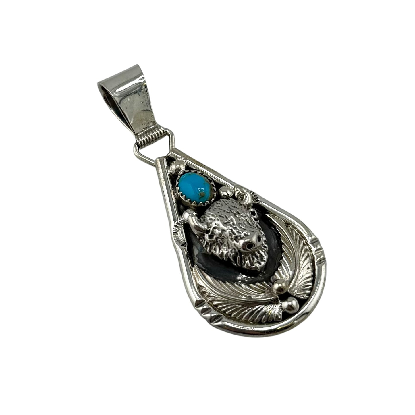 Turquoise Buffalo Feather Navajo Pendant Sterling Silver