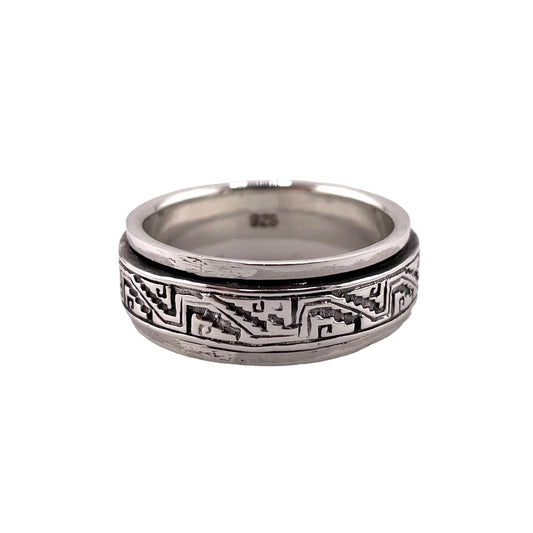 Aztec Pattern 8mm Spinner Ring Sterling Silver