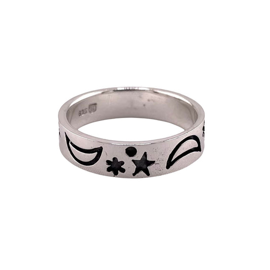 Moon & Star 6mm Band Ring Sterling Silver