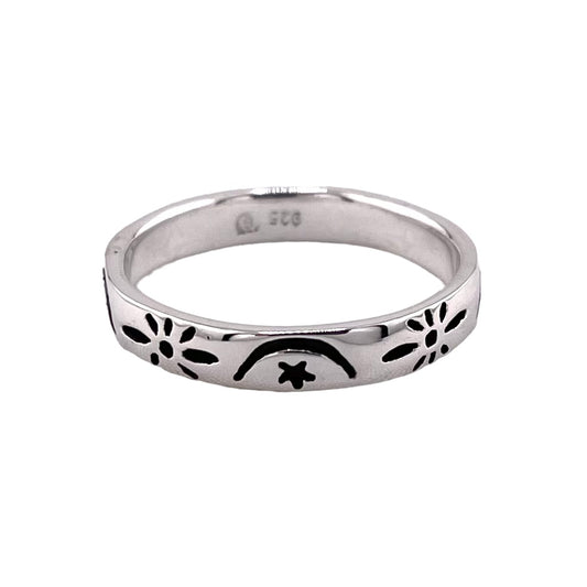 Moon & Star 4mm Band Ring Sterling Silver