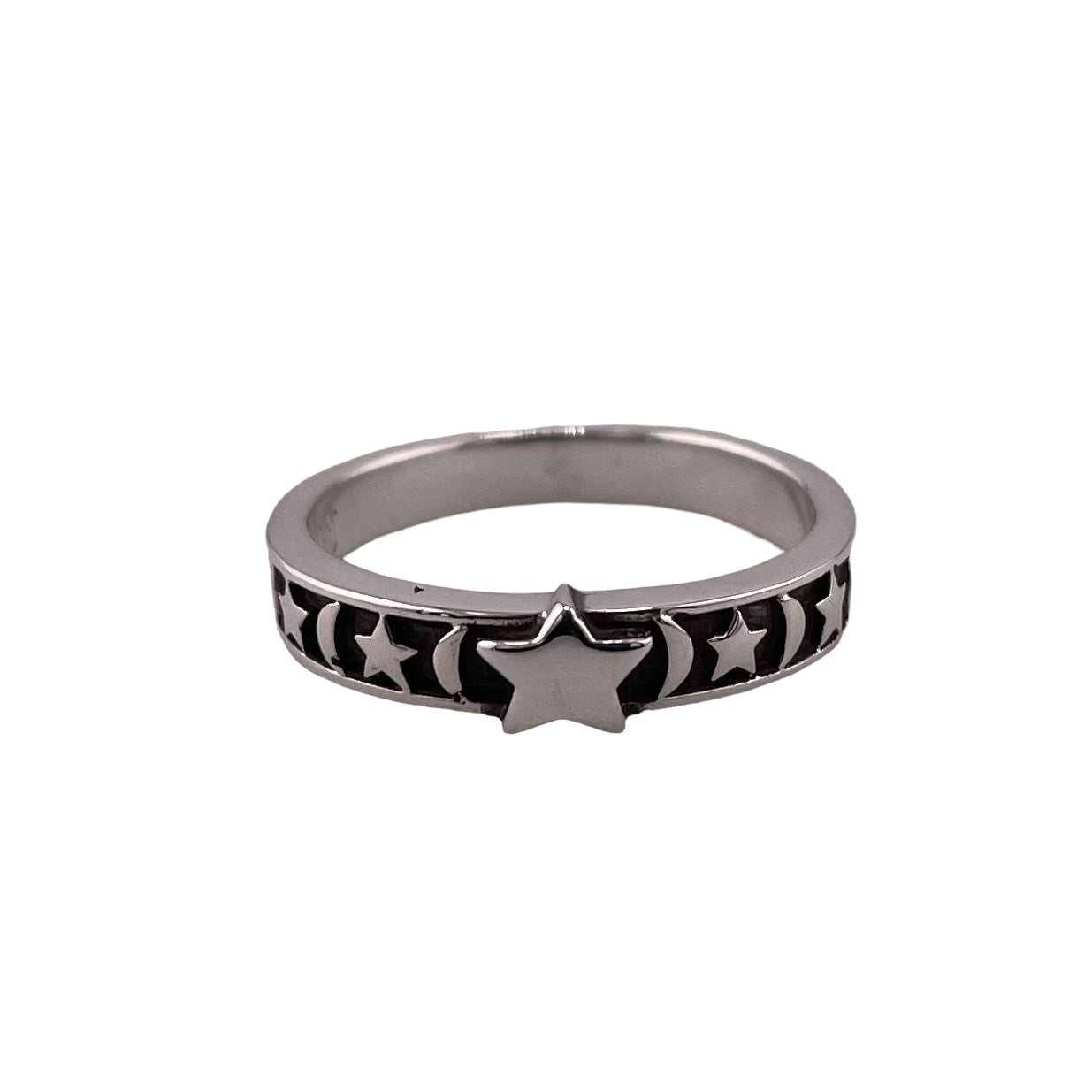 Moon & Star Imprint 5mm Band Ring Sterling Silver